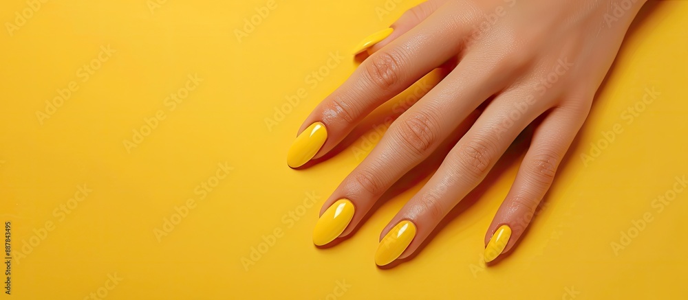Poster a stylish spring summer nail design featuring a manicured hand of an attractive woman displayed agai