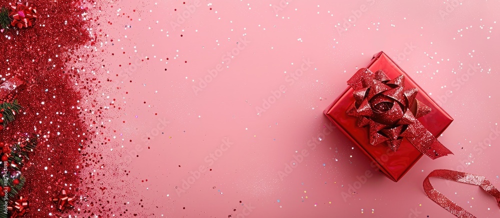 Poster View from above of a red gift box with sequins tinsel and a red bow on a pink background ideal for a holiday with copy space image