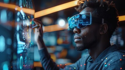 Man using augmented reality headset exploring digital interface in futuristic setting, blending technology with innovation.