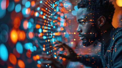 Man interacting with a futuristic digital interface, surrounded by vibrant light patterns and holographic projections, focusing intently.