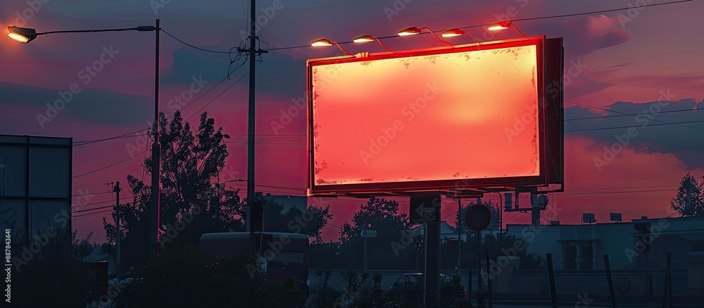 Poster Twilight enhances the ambiance of a billboard featuring a blank space image for advertisement illuminated by street lighting. with copy space image. Place for adding text or design
