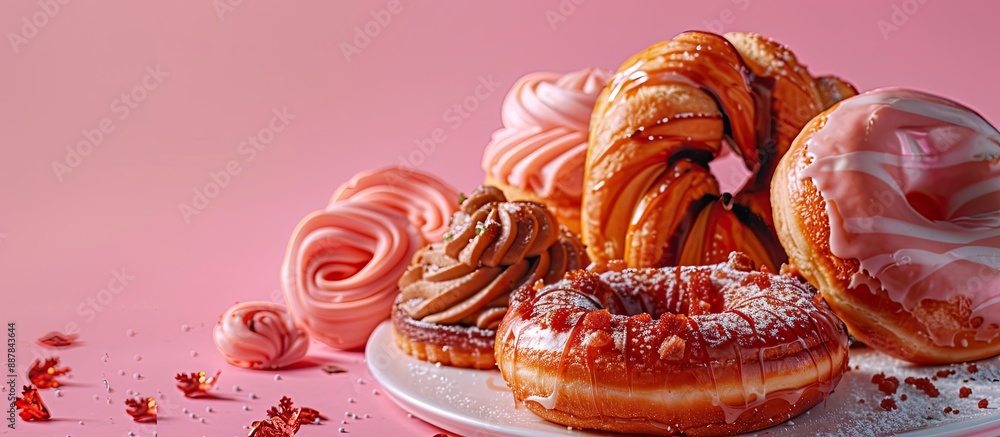 Poster a display of various pastries like a glazed donut pig in a blanket and a chocolate twist set on a pi