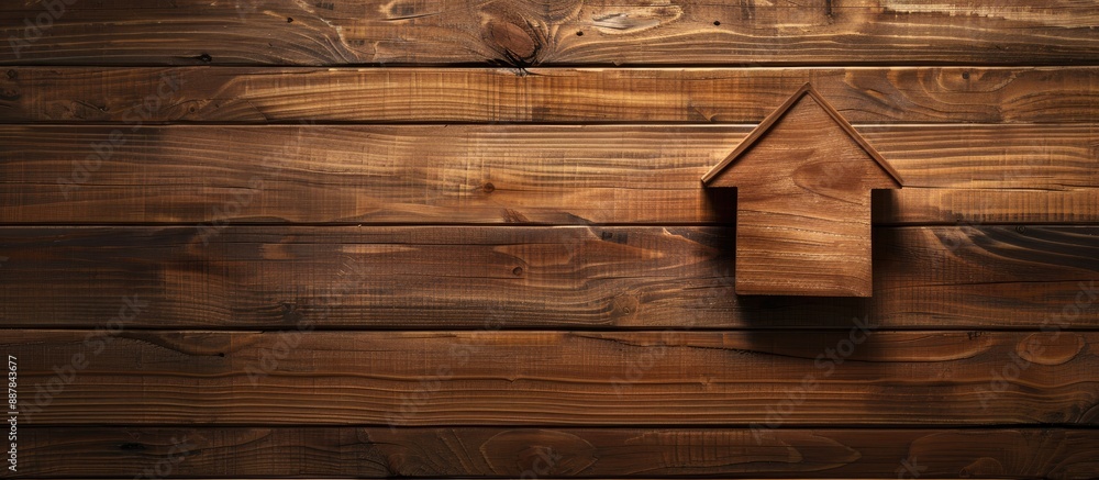 Poster top view of a wooden house model on a wooden backdrop with ample copy space image ideal for illustra