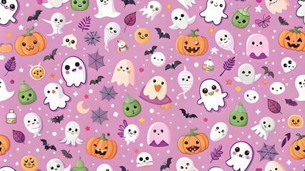Seamless pattern with a cute Halloween ghost with different characters on a pink background