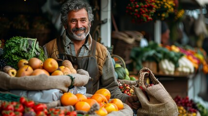 Cheerful Street Vendor Running a Small Farm Market Business
