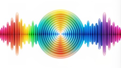 Abstract digital radio wave pattern in vibrant colors emanates from central point on a clean white background, symbolizing innovation.