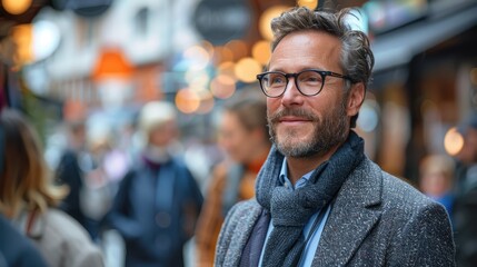 Obraz premium Mature man with glasses and scarf standing in a bustling street, enjoying outdoor urban setting with blurred city lights in the background.