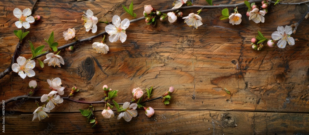 Poster Spring branches with white pink blossoms on wooden background in rustic composition on vintage textured table featuring a close up top view and copy space image
