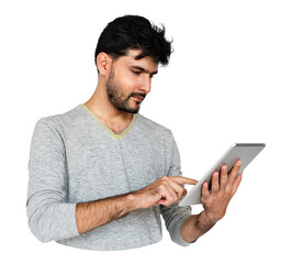Png man using tablet, isolated collage element, transparent background