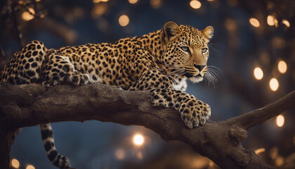 A leopard perched on a tree branch, moonlit night
