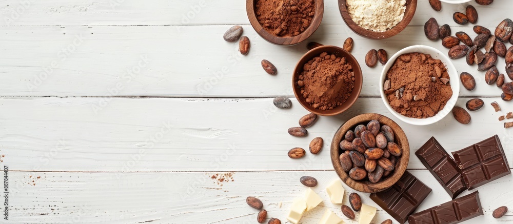 Poster a flat lay arrangement features cocoa beans chocolate cocoa butter and cocoa powder on a white woode