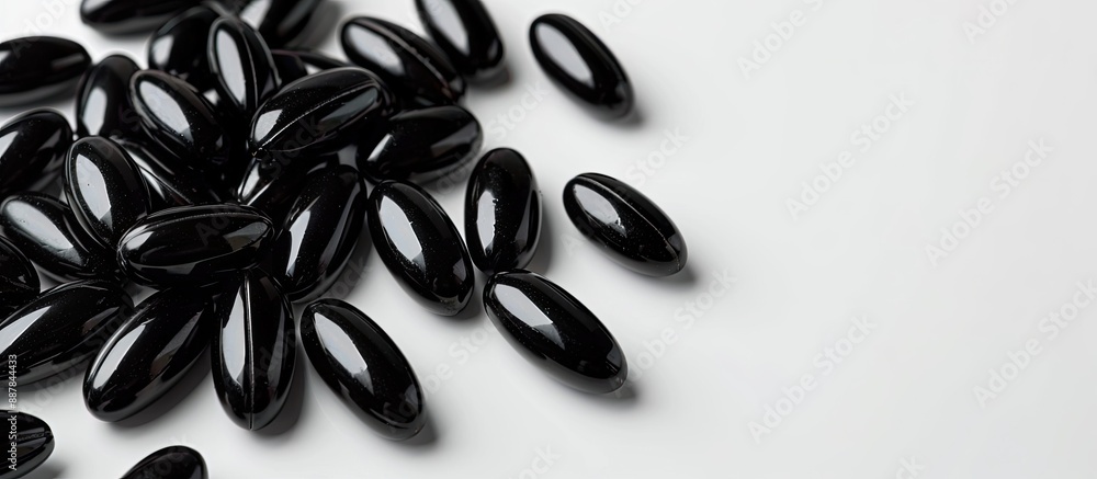 Poster black cumin oil capsules featured in a copy space image with a white backdrop