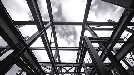 Black and white view of a steel construction framework from below, with the sky visible through the metal beams and supports.