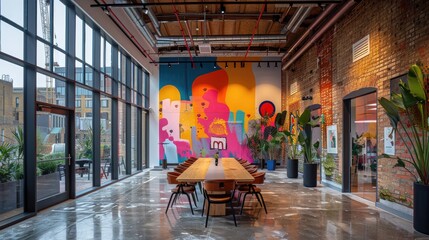Modern office space with vibrant mural, large windows, and a wooden table surrounded by chairs, perfect for collaborative work.