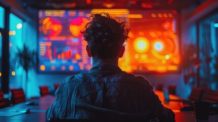 Person analyzing complex data on large screens in a dimly lit control room with a futuristic ambiance and colorful graphs.