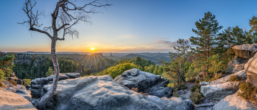Carolafelsen (Carola rocks) at sunset, Saxon Switzerland, Saxony, Germany	