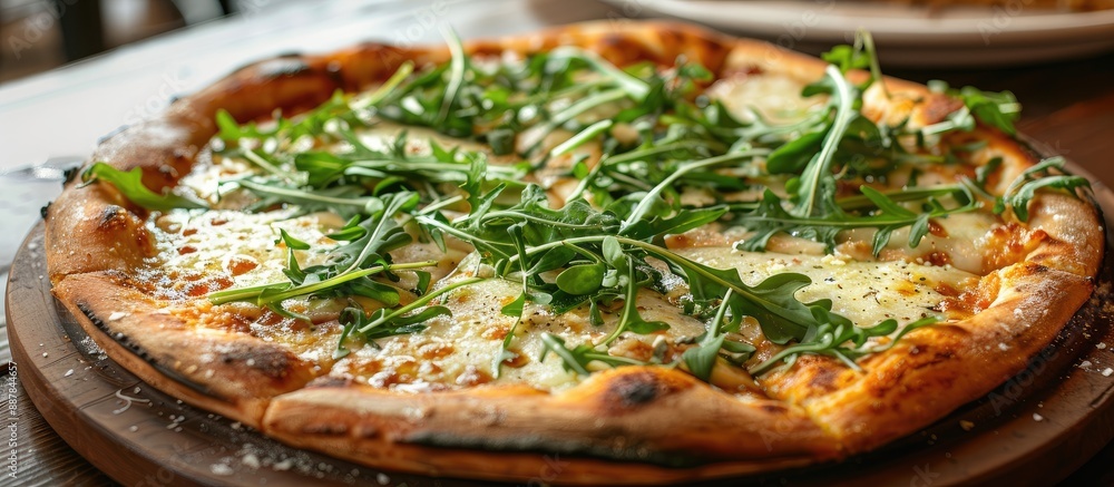 Aufkleber Fresh Mediterranean greens and local cheeses top a handcrafted pizza creating a tantalizing image with copy space