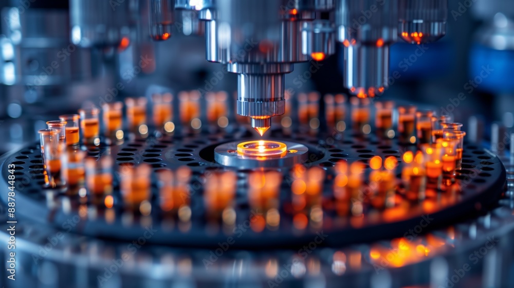 Poster close-up of an automated laboratory machine filling test tubes with liquid.