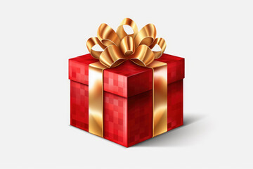 Fototapeta premium generated illustration of red gift box with gold ribbon and bow on white background
