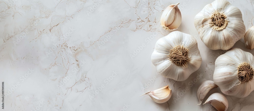 Poster flat lay composition with garlic on a light background perfect for culinary content creators with am