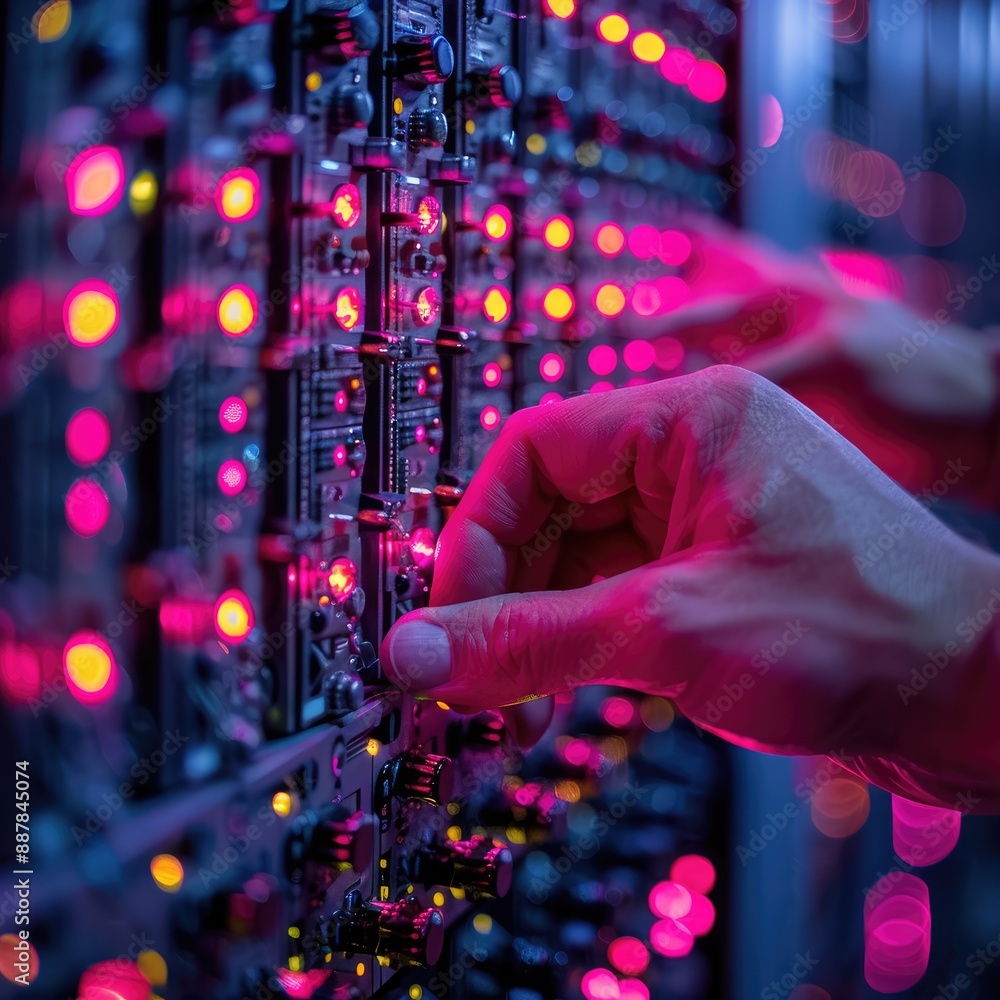 Aufkleber technician working on servers with colorful led lights, showcasing modern technology and data manage