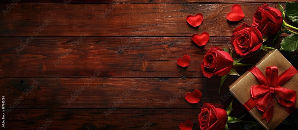 Poster valentine s day themed greeting card featuring red roses a gift box and a wooden table designed with