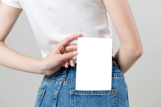 Woman keeping a flyer in her pants pocket transparent png