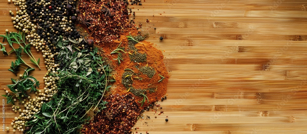 Leinwandbilder Wooden surface displaying a Yin Yang formation of spices and herbs ideal for cooking with ample copy space in the image