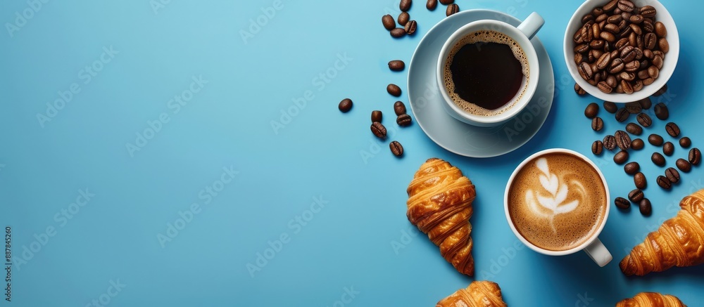 Poster a visually appealing composition of espresso cups coffee beans and croissant on a blue backdrop idea