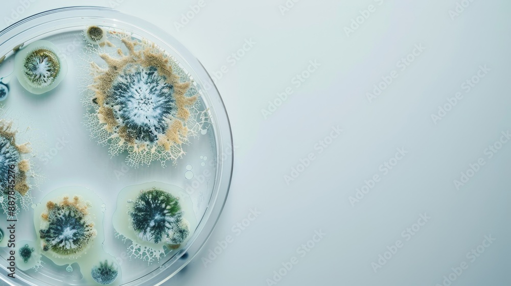 Poster microbial colonies on white background with space for text close up view of mold in petri dish for a