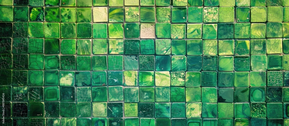 Fototapete A mosaic of green tiles creating a textured pattern with copy space image