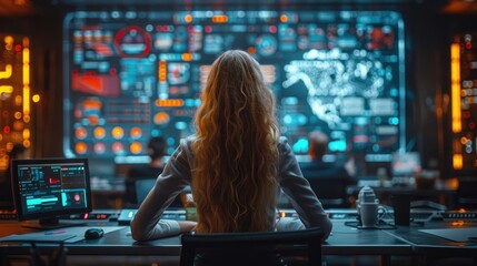 Woman analyzing data on multiple screens in a high-tech control room, focusing on global analytics and cybersecurity operations.