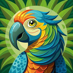 Obraz premium A colorful and striking illustration of a parrot with detailed feathers, set against a lush jungle background, perfect for wildlife, nature, or tropical-themed designs