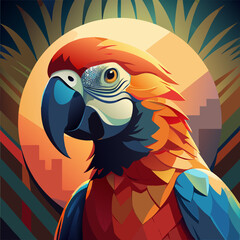 A colorful and striking illustration of a parrot with detailed feathers, set against a lush jungle background, perfect for wildlife, nature, or tropical-themed designs