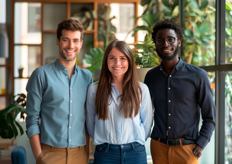 Three smiling young professionals standing together in a modern office with plants. Teamwork and diversity concept - Powered by Adobe