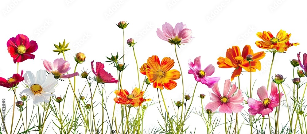 Poster vivid cosmos flowers with green stems bloom in a meadow offering a beautiful and colorful display ag