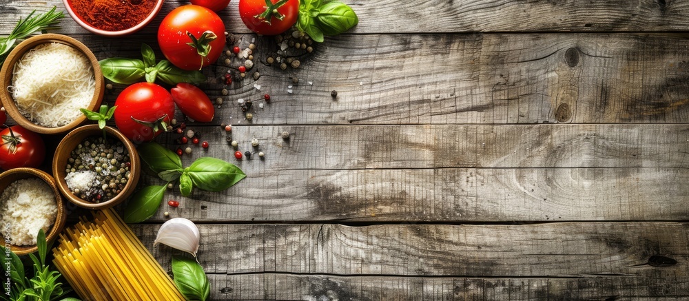 Poster Healthy food concept with a rustic style Top view of fresh veggies pasta parmesan cheese and spices on a wooden table perfect for a copy space image