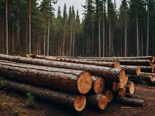 Wide panorama of logging timber industry with pine and spruce logs