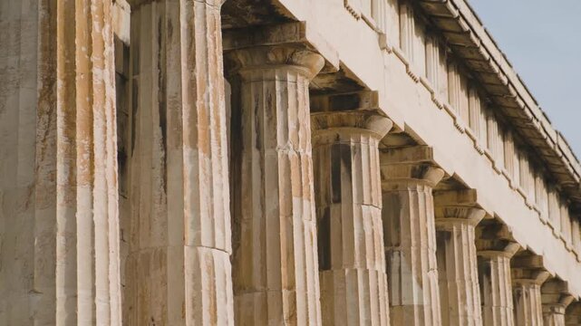 Doric marble columns in colonnade of Temple of Hephaestus in Ancient Agora, Athens, Greece. Ancient Greek architecture