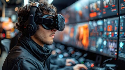 Young man using virtual reality headset in front of multiple computer screens, immersed in a digital environment.