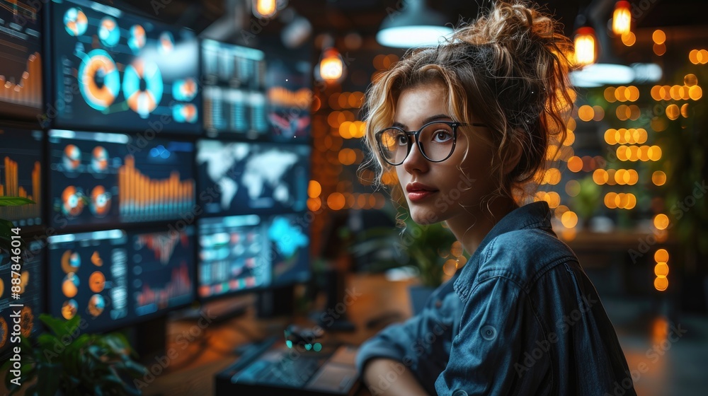 Poster young woman analyzing data on multiple computer screens in a vibrant office setting, showcasing tech