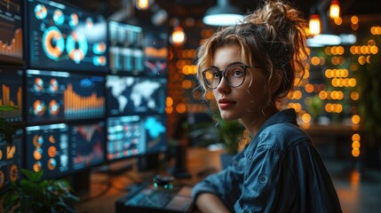 Fototapeta premium Young woman analyzing data on multiple computer screens in a vibrant office setting, showcasing technology and innovation.