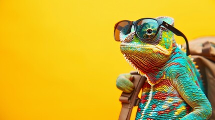 Obraz premium An Elegant Chameleon Posing with Sunglasses and Backpack for a Cool and Funny Look