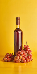 Still life depicting a bottle of red wine and a bunch of grapes on a simple bright background