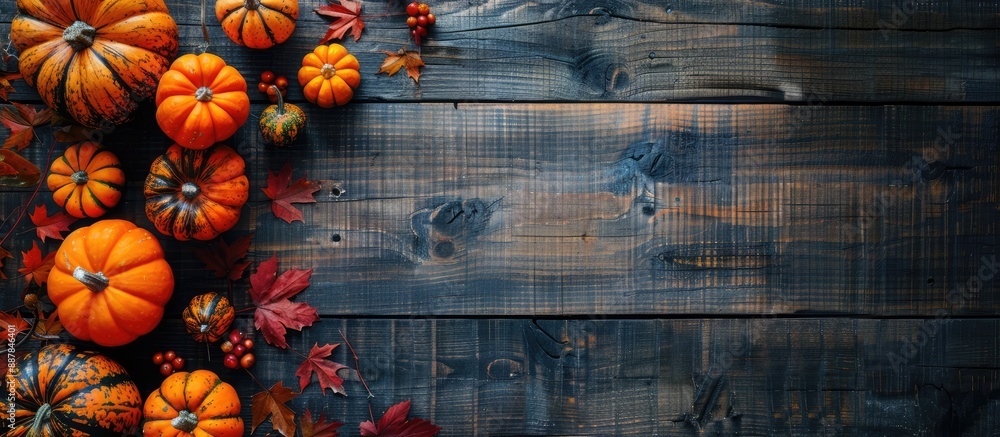 Fototapete Top view of a rustic wooden table adorned with different decorative pumpkins creating an autumnal composition perfect for Halloween or Thanksgiving decoration with copy space image