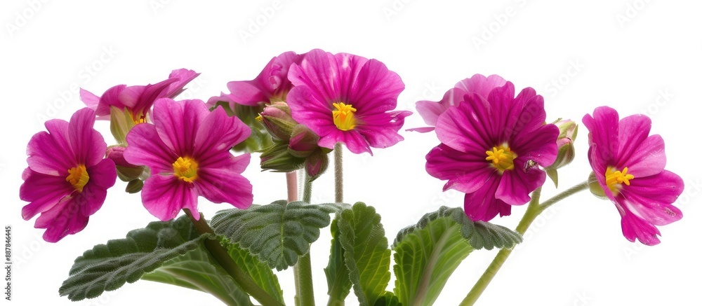 Poster Dark pink primrose Primula acaulis perfect for adding color to your designs with a beautiful and vibrant appearance against a white backdrop creating an elegant copy space image