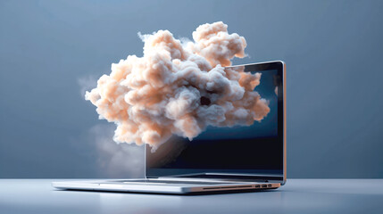 Laptop emitting a large cloud of smoke, symbolizing cloud computing or data storage concepts.