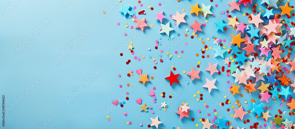 Poster top view flat lay of a circle with colorful stars on a pastel blue background ideal for promotion or