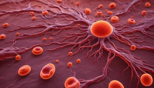 Microscopic view of red blood cells, showing their distinctive biconcave disc shape and the intricate network of blood vessels