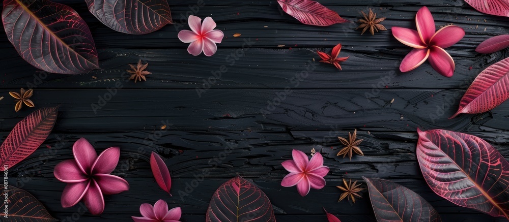 Poster pink flowers and leaves creatively arranged on a black wooden background in a flat lay style emphasi